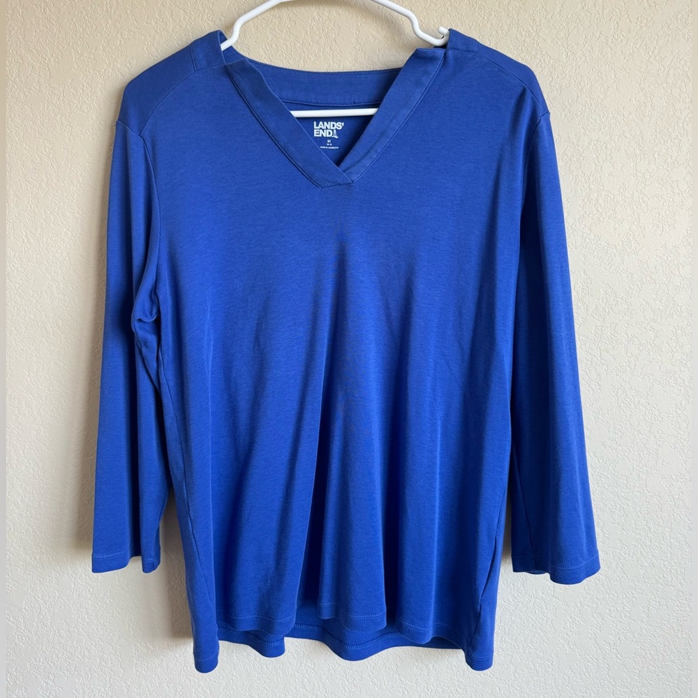Lands’ End Women’s Supima Micro Modal 3/4Sleeve Notch Neck Blue Top Size M 10/12